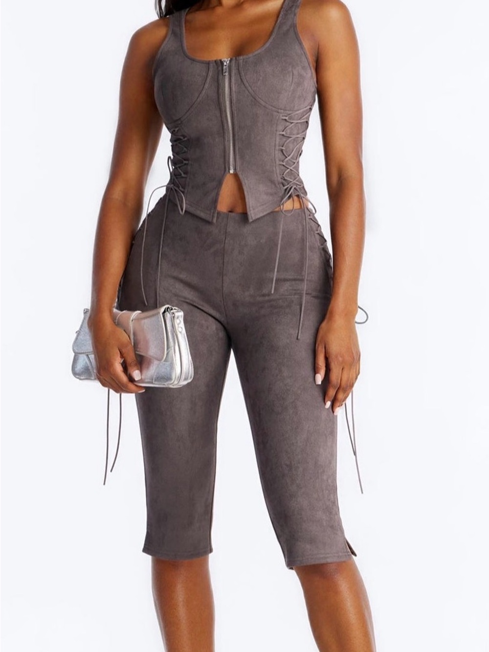 Fashion Nova Suede-Effect Lace-Up Corset Tank & Capris Set - Gray